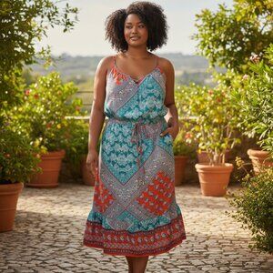 Teal/Aqua/Tangerine Bandana Paisey Print Plus Size 3X Bohemian Dress